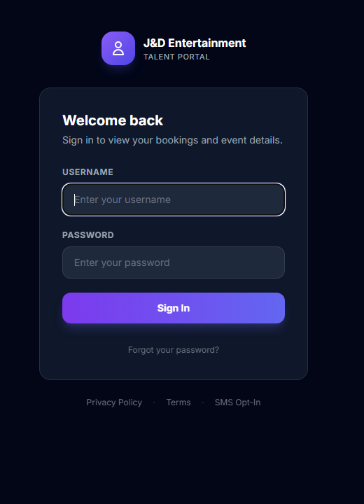 Screenshot: Talent portal login page (talent.jdentertain.com/portal/login) showing footer links to Privacy Policy, Terms, and SMS Opt-In.