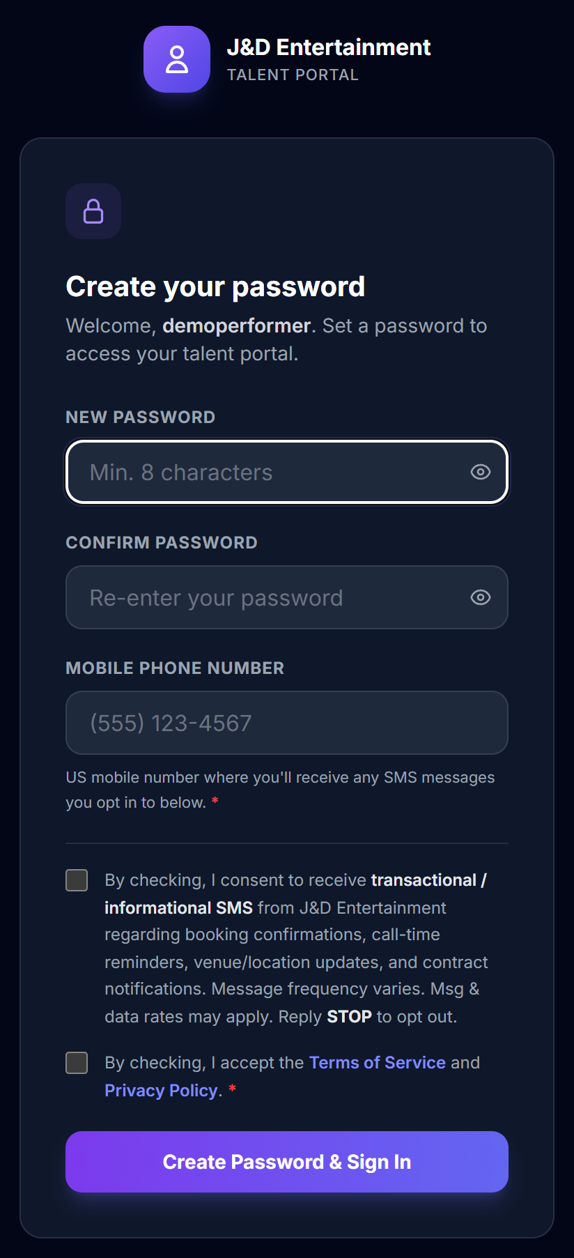 Screenshot: J&D Entertainment Talent Portal account-creation page with password fields, a clearly-labeled mobile phone number input, and two separate unchecked consent checkboxes — transactional SMS opt-in and Terms of Service / Privacy Policy acceptance. Password, phone, and the Terms / Privacy box are required; the transactional SMS consent box is optional.